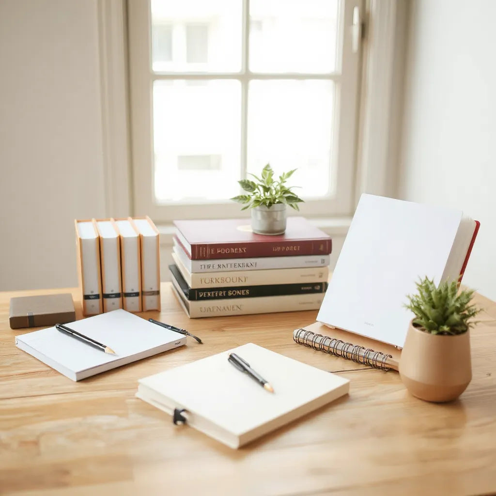 Minimal desk with journal, workbook, and books for choosing personal growth resources