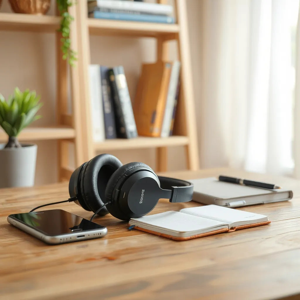 Over-ear headphones on a desk beside a smartphone and notebook with warm natural light