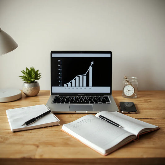 Laptop with an upward chart and notes on a clean desk, suggesting practical income growth strategies