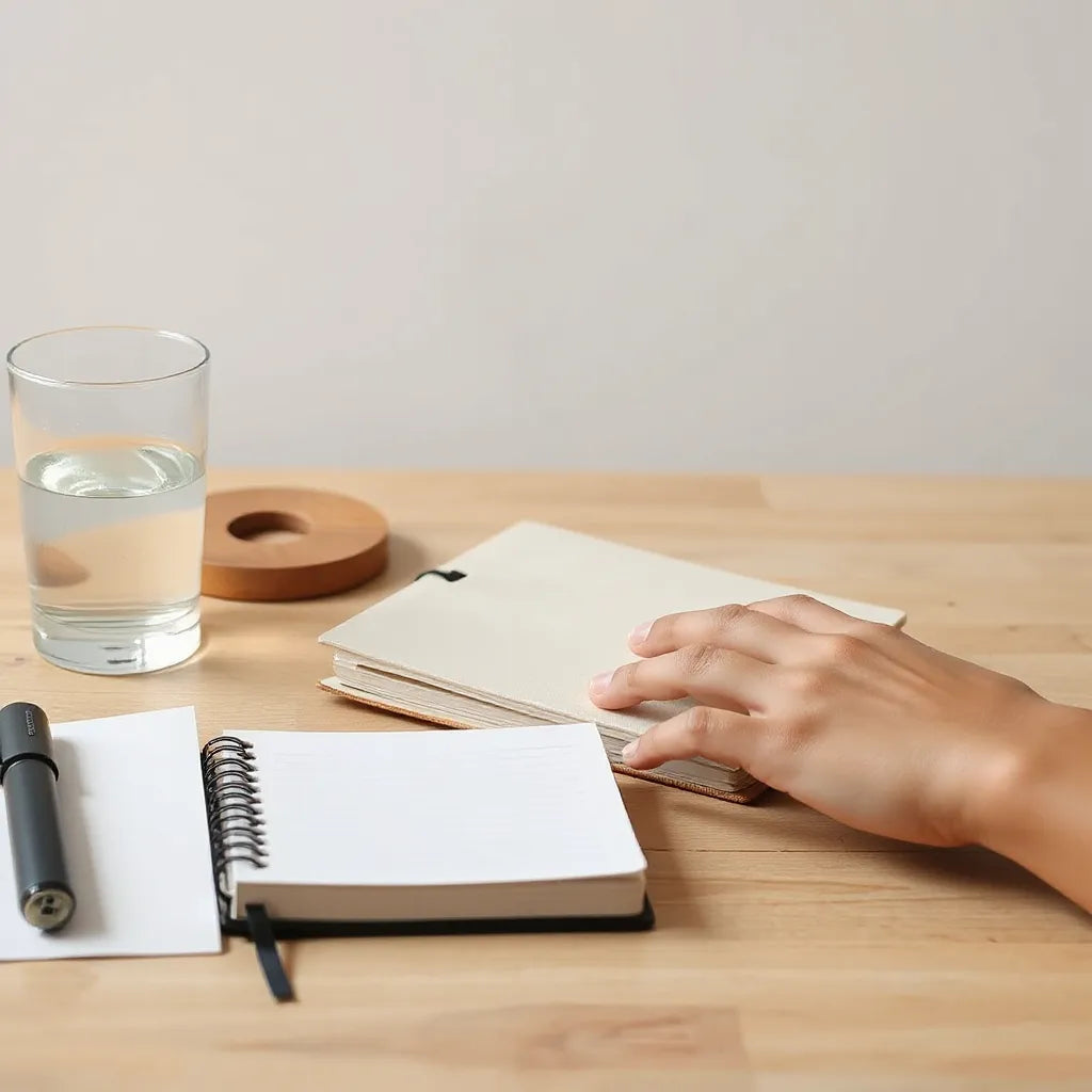 A hardcover book on a clean desk with soft morning light and a hand reaching toward it