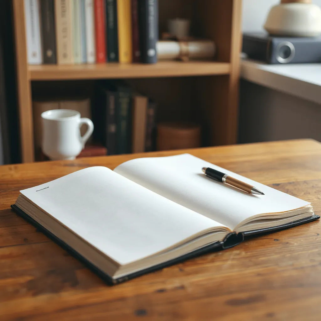 Open book on a desk with a notebook and pen under warm reading light