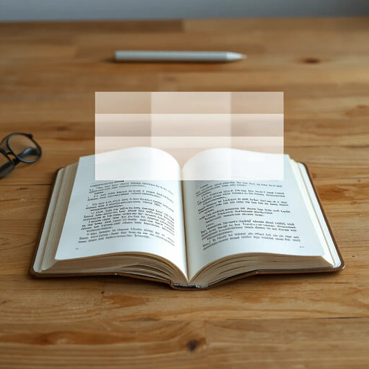 Open book with layered, softly highlighted learning overlays above the pages