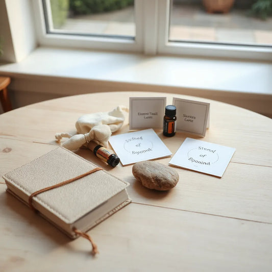 A journal, grounding stone, and soothing essentials arranged on a calm table for emotional support