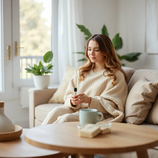 Person relaxing at home with a calming wellness item on a coffee table in soft natural light