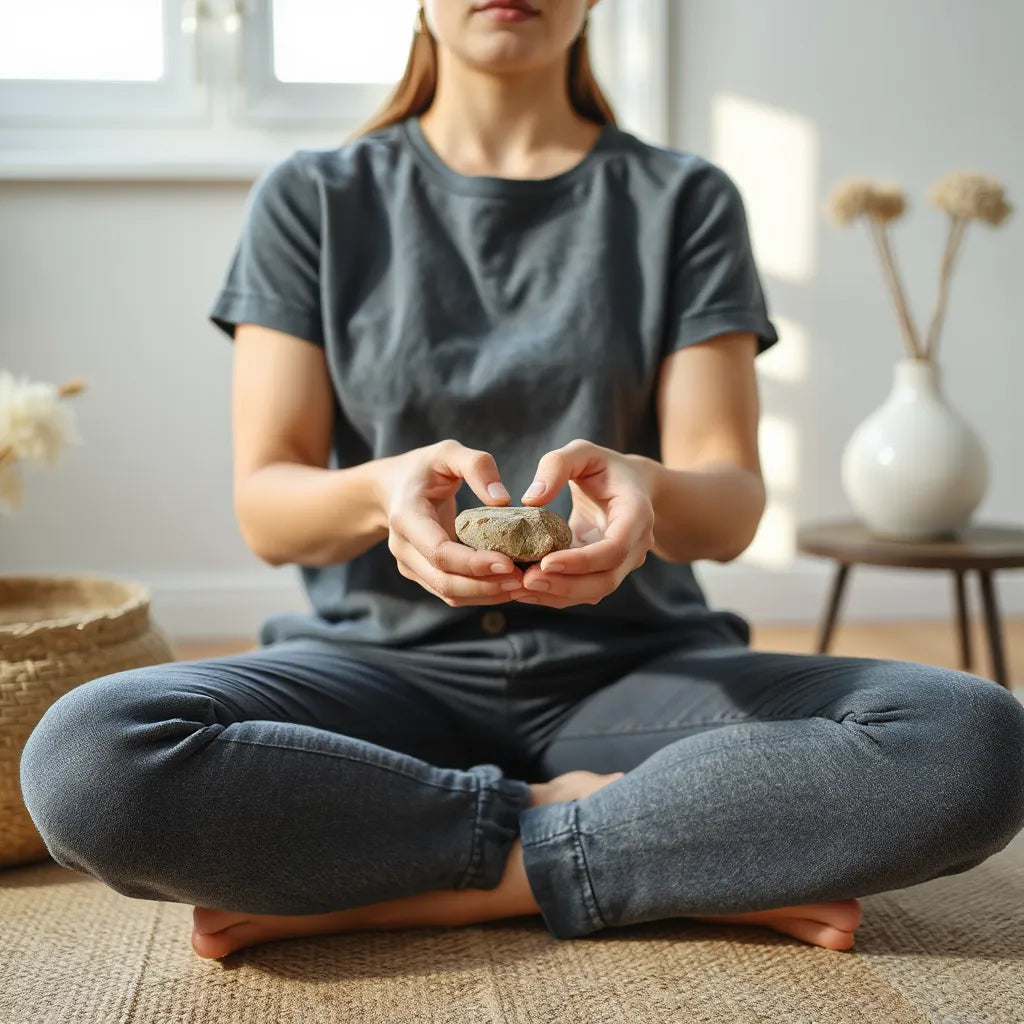 Person seated calmly in soft light, gently holding a grounding stone while taking slow breaths