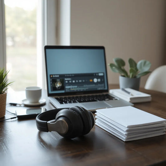 Over-ear headphones and laptop on a tidy desk with soft natural light