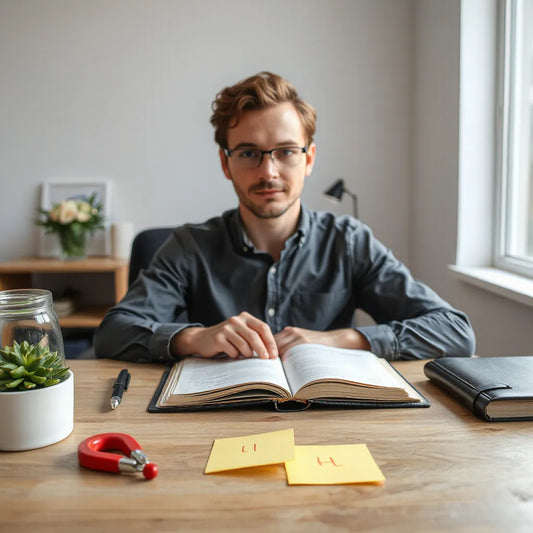 Focused person at a desk with an open notebook and calm lighting, suggesting success-focused training