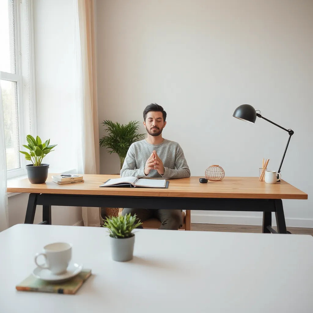 Person practicing mindful breathing in a quiet room with a notebook and soft natural light