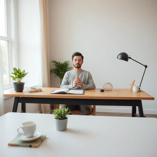Person practicing mindful breathing in a quiet room with a notebook and soft natural light