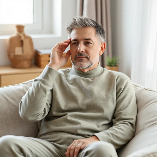 Adult seated calmly tapping near the temple to support anxiety relief