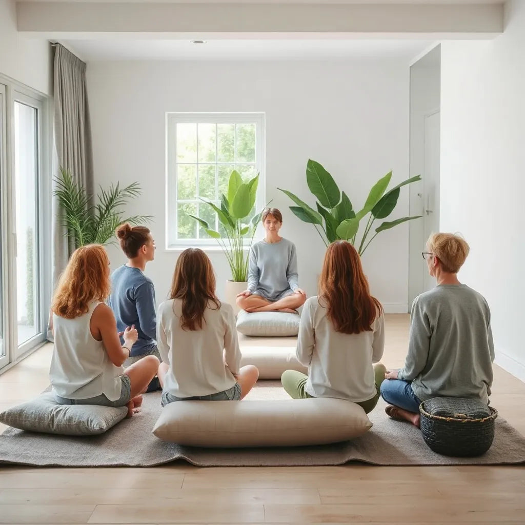 Facilitator guiding a small group meditation circle in a calm, light-filled room