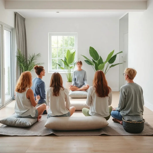 Facilitator guiding a small group meditation circle in a calm, light-filled room