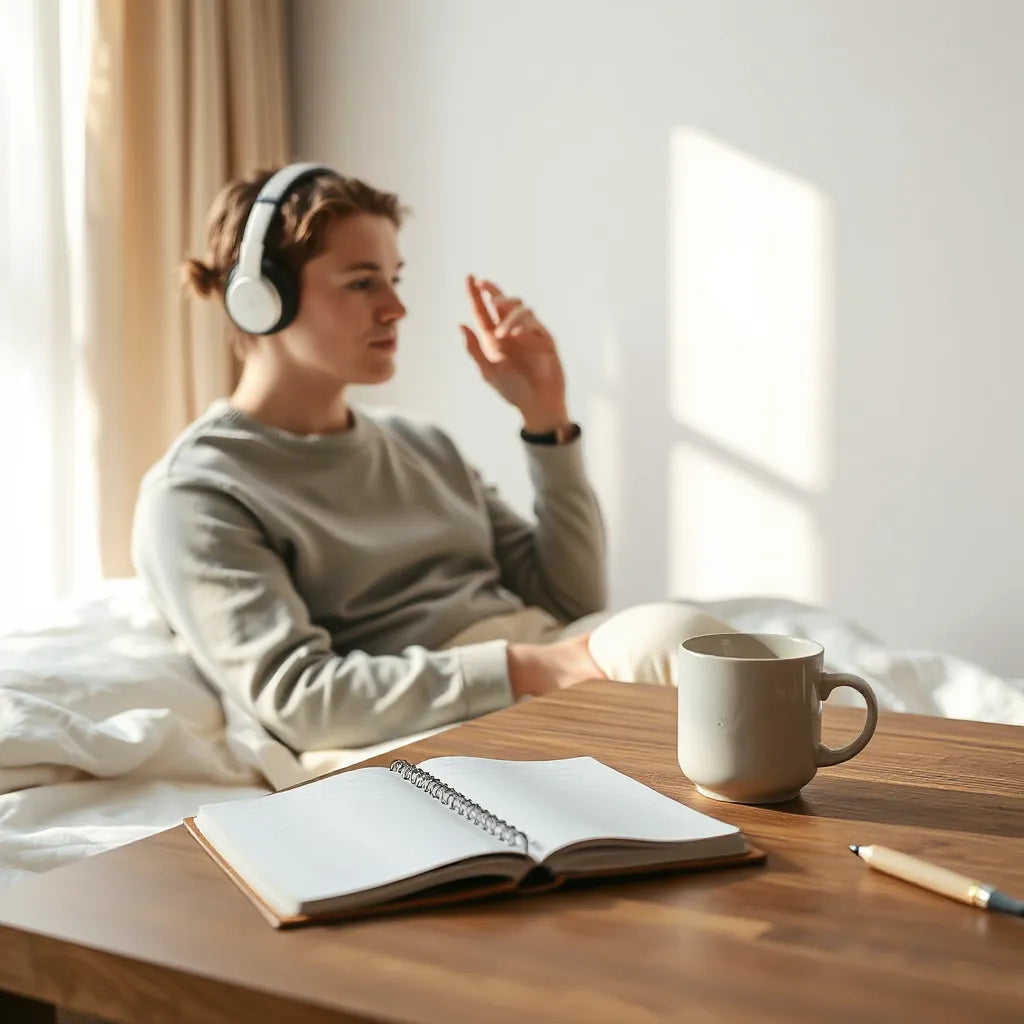 Person wearing wireless headphones in a quiet, sunlit room with a notebook and mug nearby