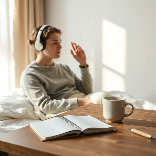 Person wearing wireless headphones in a quiet, sunlit room with a notebook and mug nearby