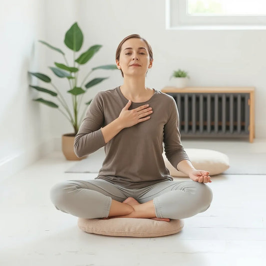 Person seated in a calm meditation posture with hand on chest and relaxed breathing
