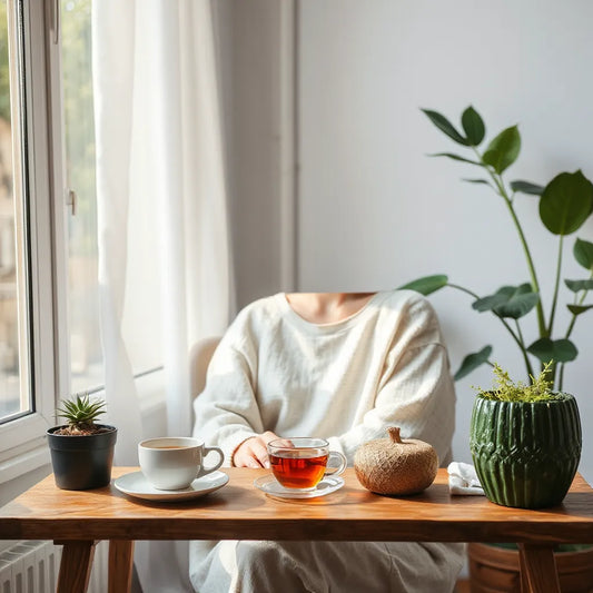 Person sitting by a sunlit window, relaxed and breathing calmly with tea on a table